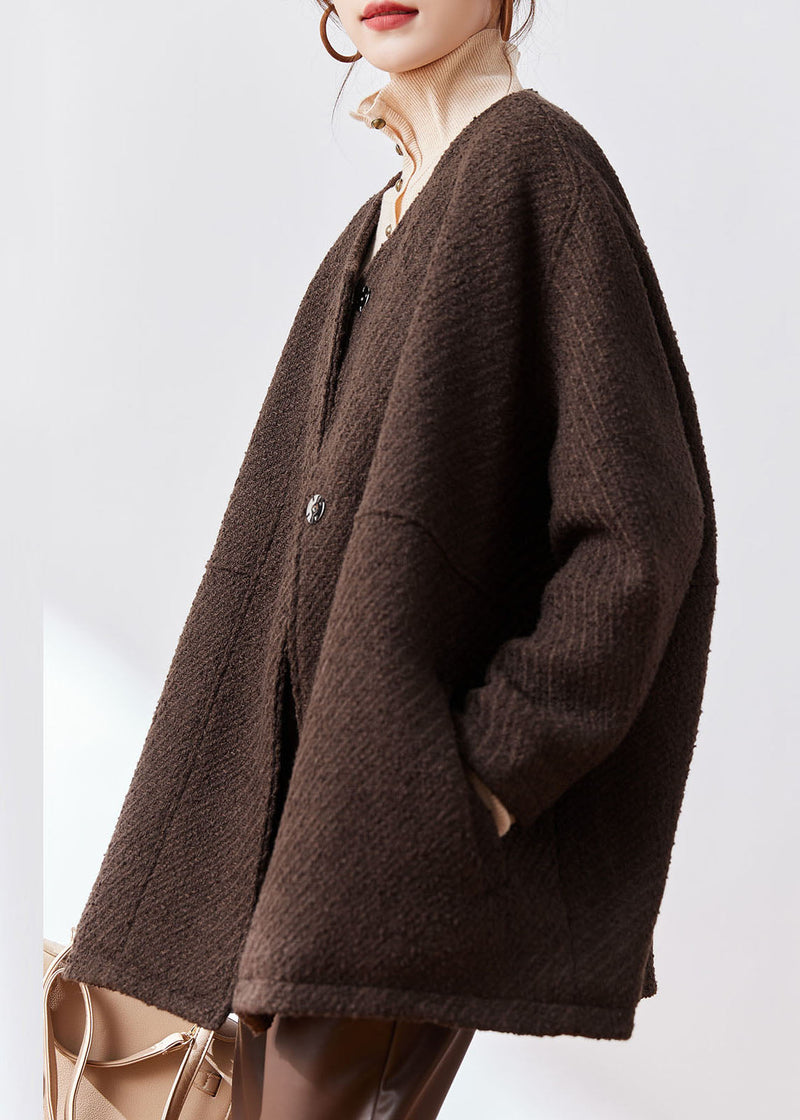Coffee Button Patchwork Cozy Woolen Coat Fall