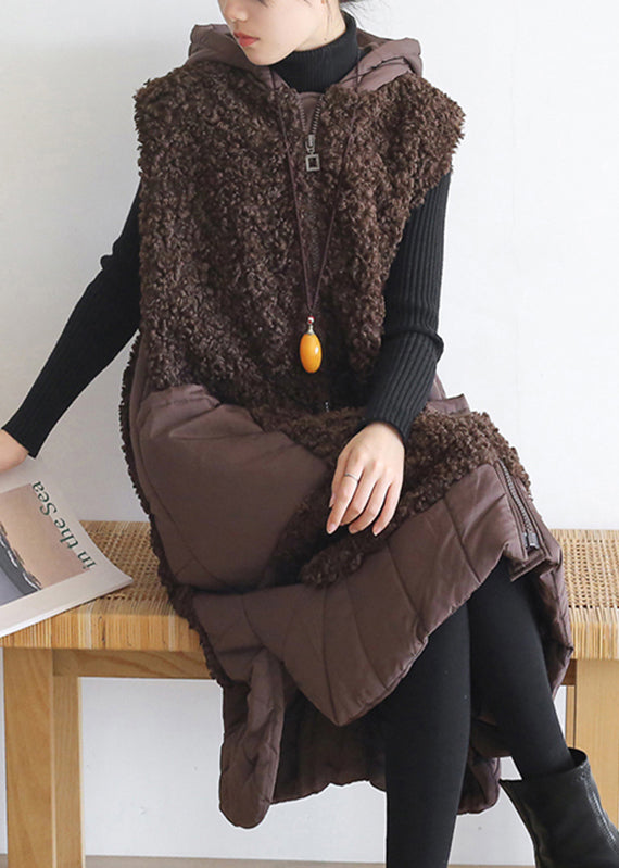Chocolate Colour Zippered Pockets Woolen Cotton Hooded Waistcoat Sleeveless