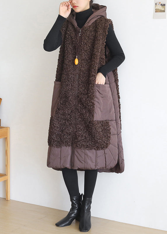 Chocolate Colour Zippered Pockets Woolen Cotton Hooded Waistcoat Sleeveless