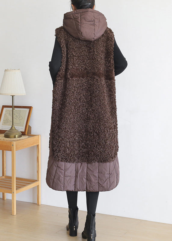 Chocolate Colour Zippered Pockets Woolen Cotton Hooded Waistcoat Sleeveless