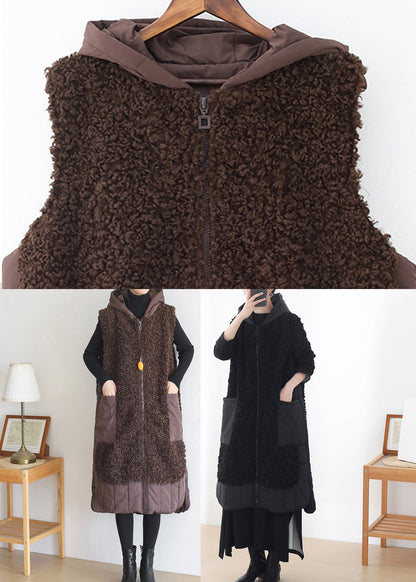 Chocolate Colour Zippered Pockets Woolen Cotton Hooded Waistcoat Sleeveless