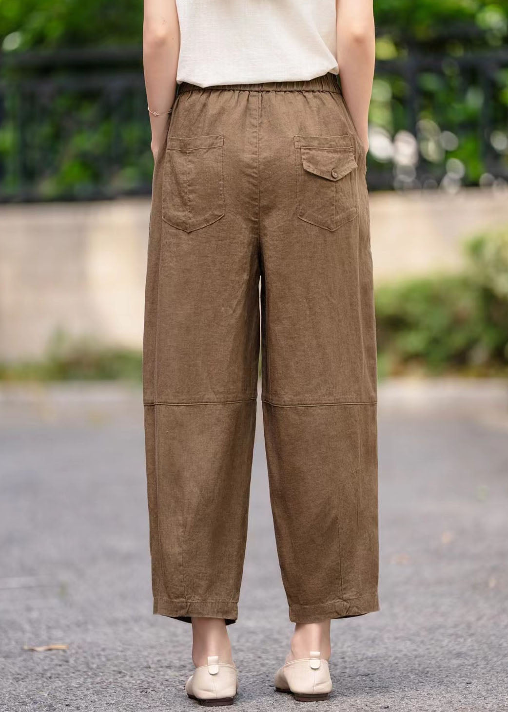Coffee Elastic Waist Linen Harem Pants Summer