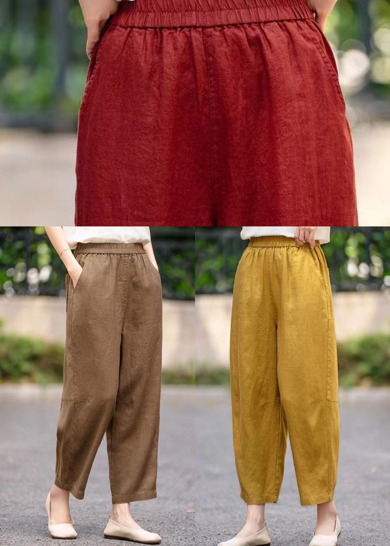 Coffee Elastic Waist Linen Harem Pants Summer
