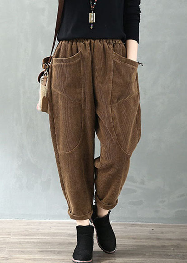 Chocolate Elastic Waist Pockets Velour Harem Pants Fall