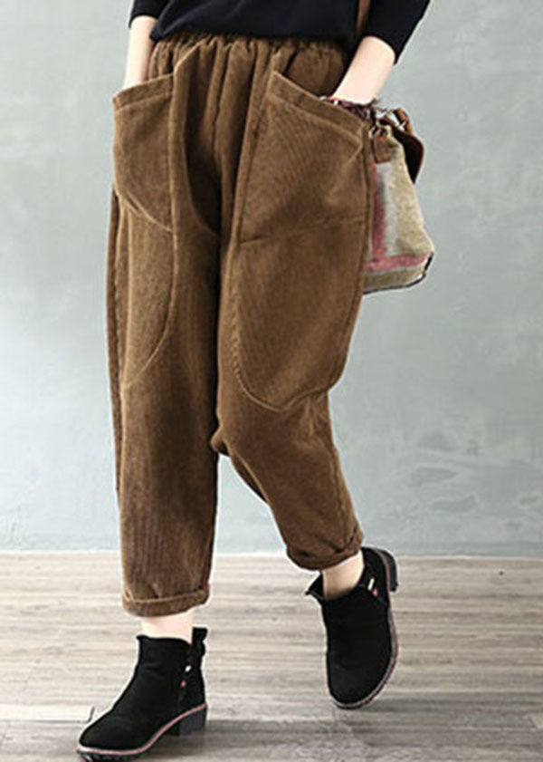 Chocolate Elastic Waist Pockets Velour Harem Pants Fall