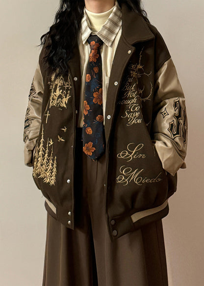 Coffee Embroidered Faux Leather Patchwork Cotton Filled Parkas Winter