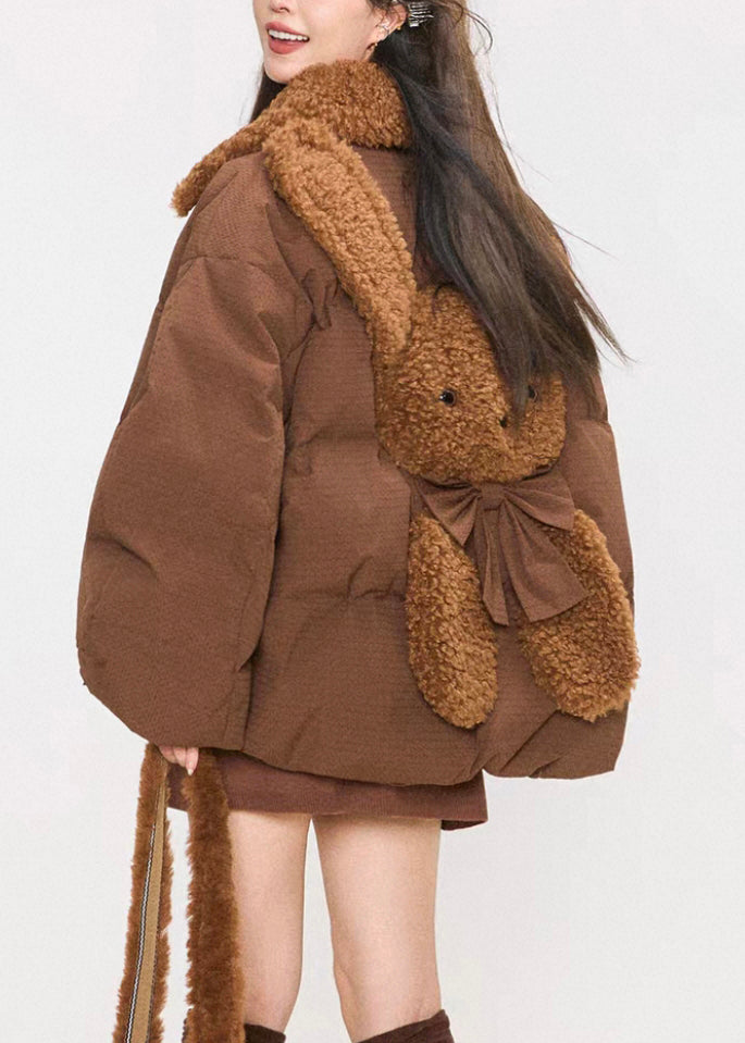 Coffee Fluffy Rabbit Button Duck Down Puffers Coats Winter