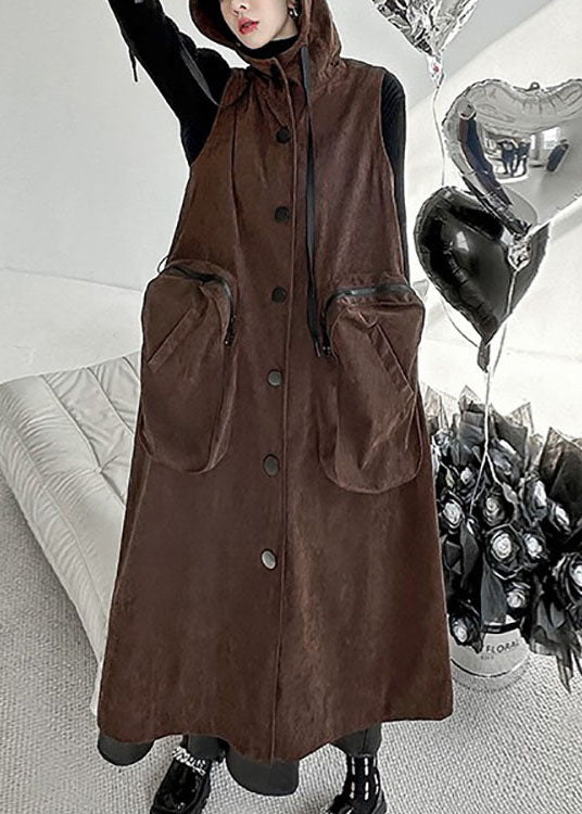 Chocolate Hooded Big Pockets Cotton Long Vest Spring
