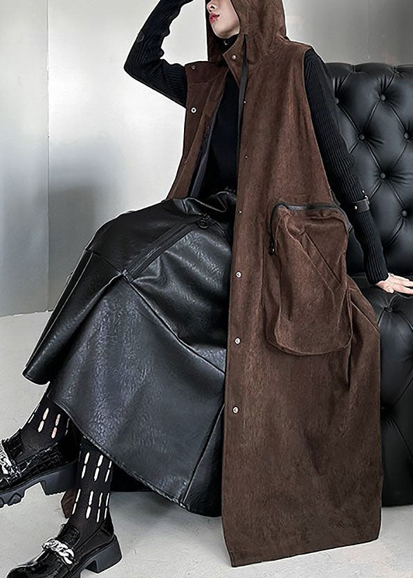 Chocolate Hooded Big Pockets Cotton Long Vest Spring