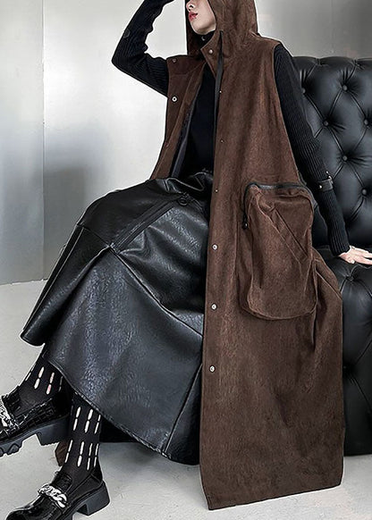 Chocolate Hooded Big Pockets Cotton Long Vest Spring