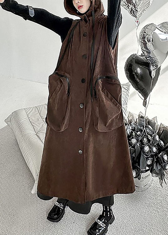 Chocolate Hooded Big Pockets Cotton Long Vest Spring