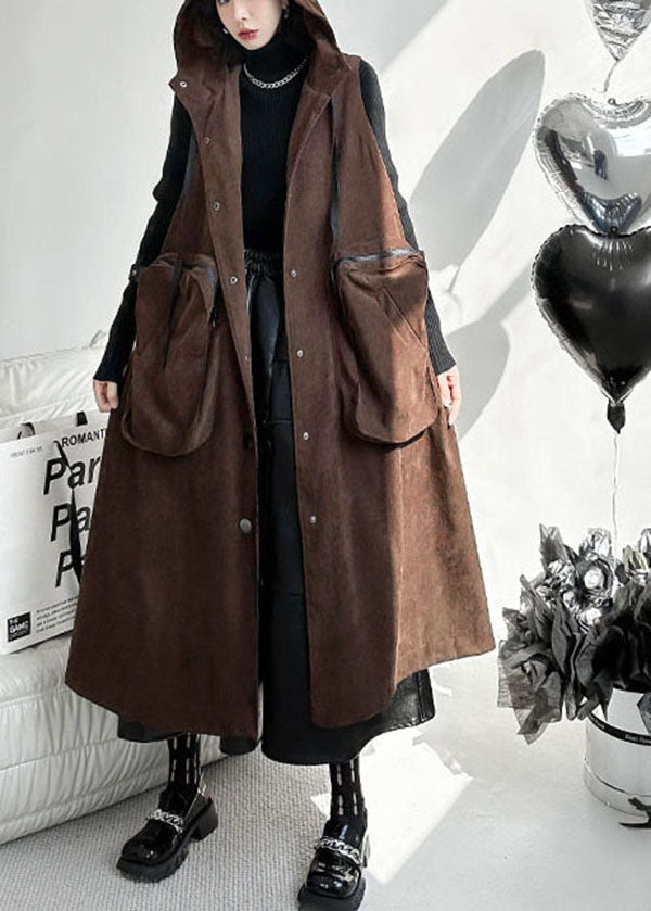 Chocolate Hooded Big Pockets Cotton Long Vest Spring
