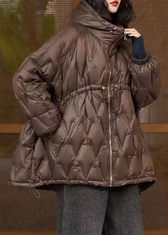 Coffee Hooded Drawstring Patchwork Duck Down Coat Winter