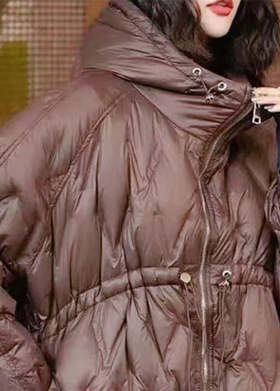Coffee Hooded Drawstring Patchwork Duck Down Coat Winter