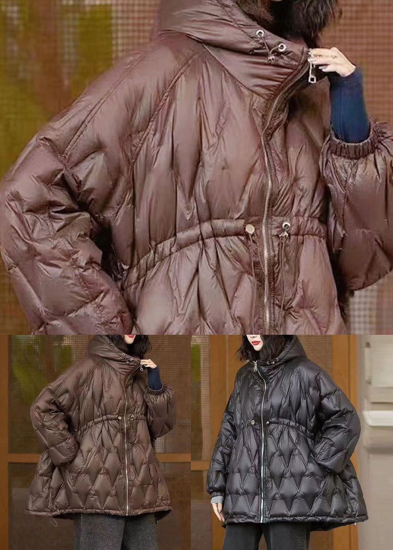 Coffee Hooded Drawstring Patchwork Duck Down Coat Winter
