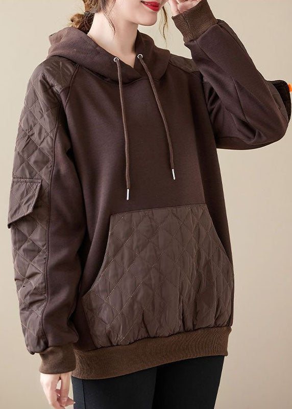 Chocolate Hooded Patchwork Warm Fleece Pullover Winter