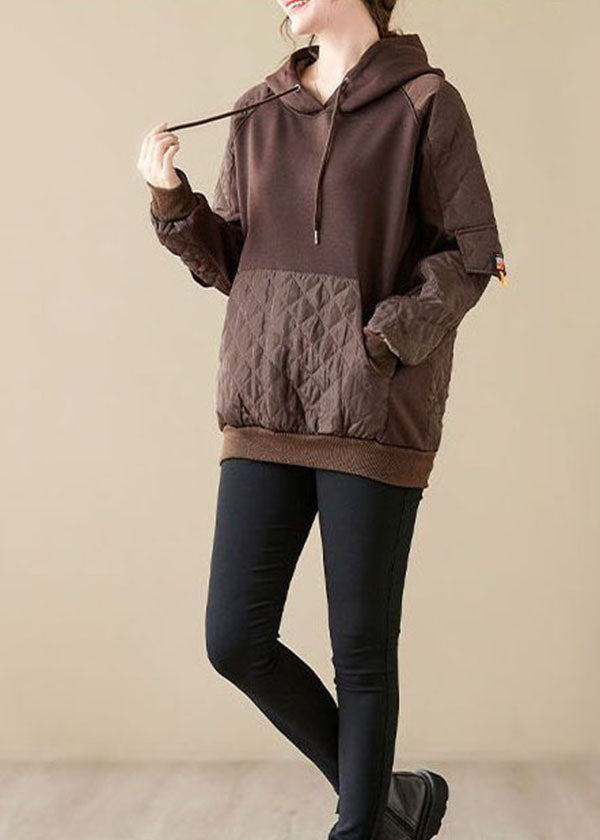 Chocolate Hooded Patchwork Warm Fleece Pullover Winter
