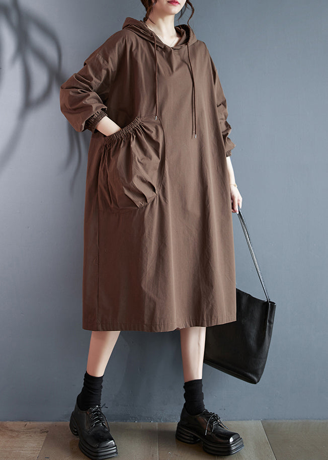 Coffee Hooded Pockets Cotton Dress Long Sleeve