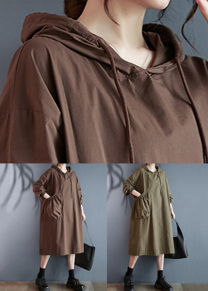 Coffee Hooded Pockets Cotton Dress Long Sleeve