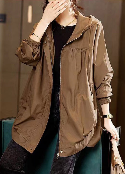 Coffee Hooded Pockets Patchwork Cotton Coats Fall