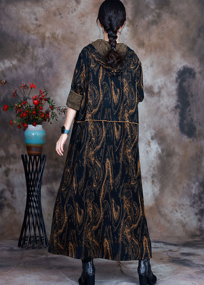 Chocolate Hooded Print Woolen Party Dress Spring