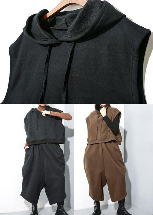 Chocolate Hooded Warm Fleece Two Pieces Set Sleeveless Waistcoat