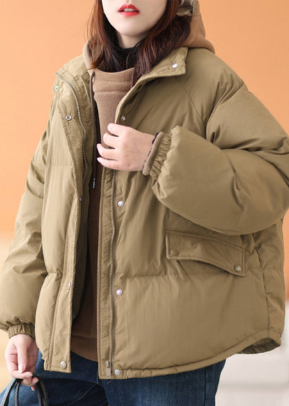 Coffee Hooded Zippered Pockets Cotton Filled Parka Winter