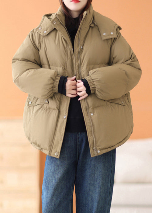 Coffee Hooded Zippered Pockets Cotton Filled Parka Winter