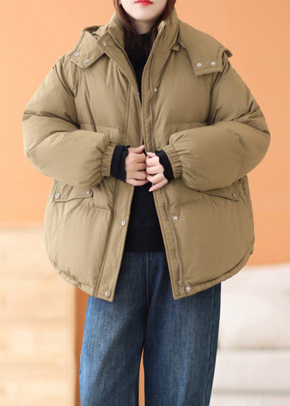 Coffee Hooded Zippered Pockets Cotton Filled Parka Winter