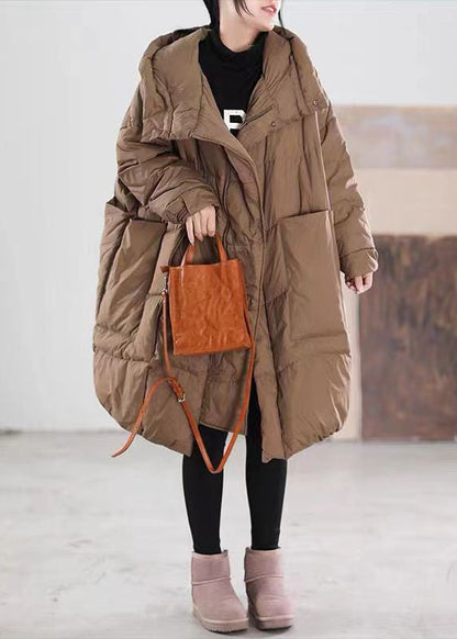 Coffee Hooded Zippered Pockets Duck Down Coat Long Sleeve