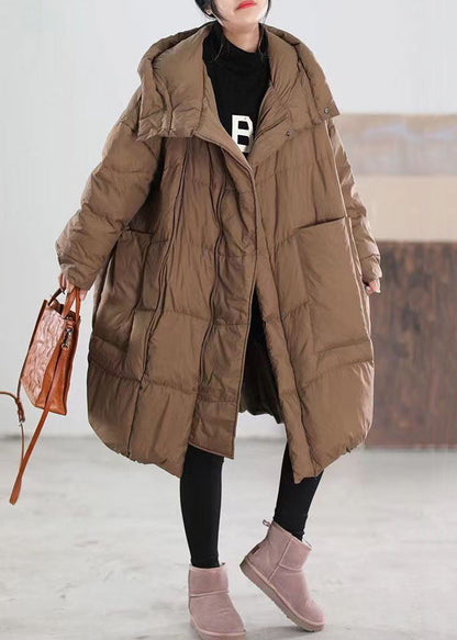 Coffee Hooded Zippered Pockets Duck Down Coat Long Sleeve