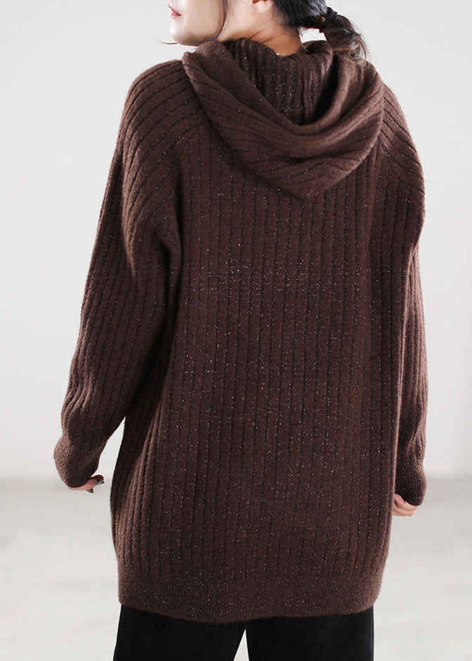 Chocolate Hooded Drawstring Knitted Tops Spring