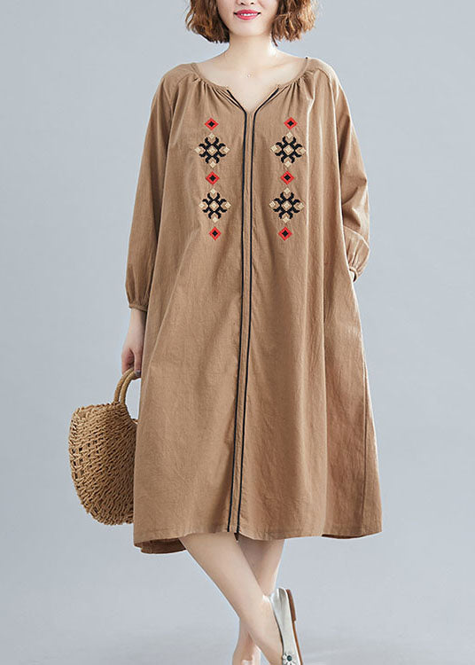 Chocolate Loose Dress V Neck Spring