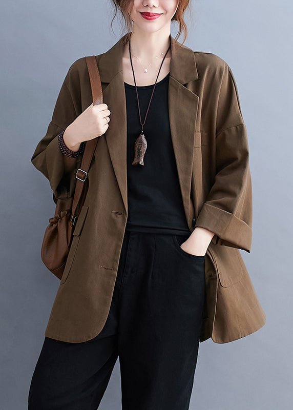 Coffee Notched Button Pockets Cotton Coats Fall