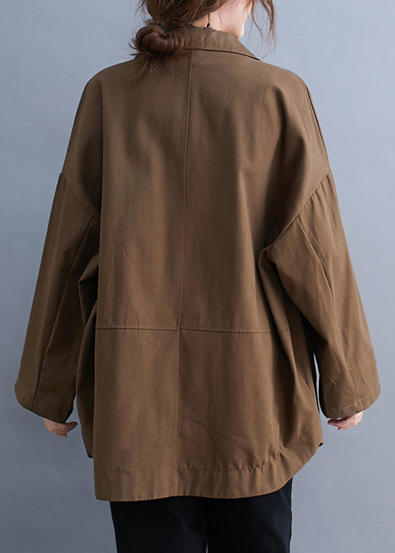 Coffee Notched Button Pockets Cotton Coats Fall