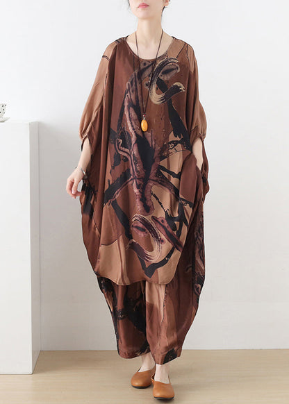 Chocolate O-neck Asymmetrical Print Silk Two Pieces Set Batwing Sleeve