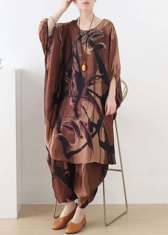 Chocolate O-neck Asymmetrical Print Silk Two Pieces Set Batwing Sleeve