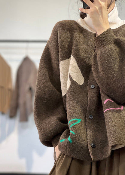 Coffee O Neck Button Knit Coat Long Sleeve
