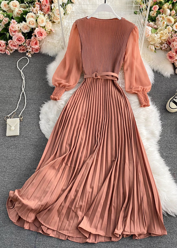 Chocolate O-neck Chiffon Sashes Long Pleated Dress Long Sleeve