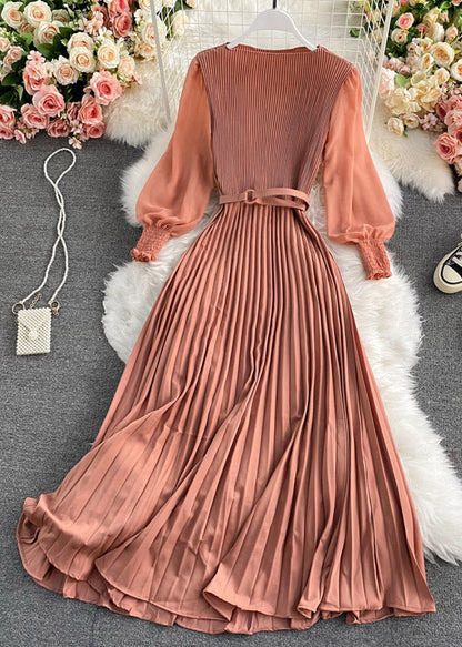 Chocolate O-neck Chiffon Sashes Long Pleated Dress Long Sleeve