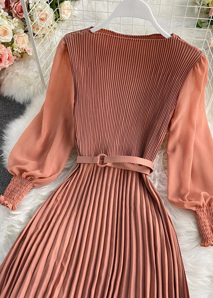 Chocolate O-neck Chiffon Sashes Long Pleated Dress Long Sleeve