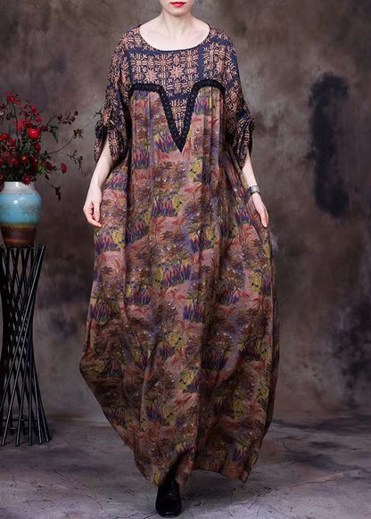 Chocolate O-neck Lace Patchwork Print Silk Long Dresses Long Sleeve