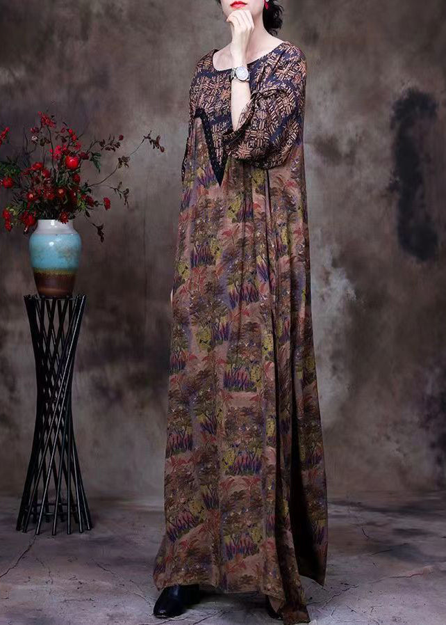 Chocolate O-neck Lace Patchwork Print Silk Long Dresses Long Sleeve