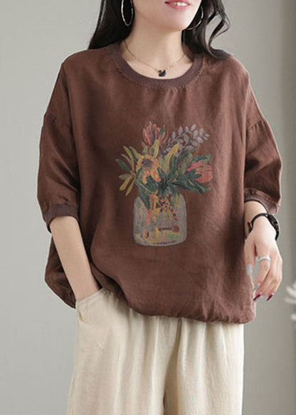 Chocolate O-neck Oversized Print Linen Tanks Short Sleeve