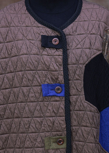 Chocolate O-neck Patchwork Applique Fine Cotton Filled Witner Coat Long Sleeve