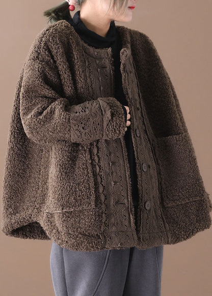 Chocolate O-neck Pockets Fall Winter Thick Coats Long Sleeve