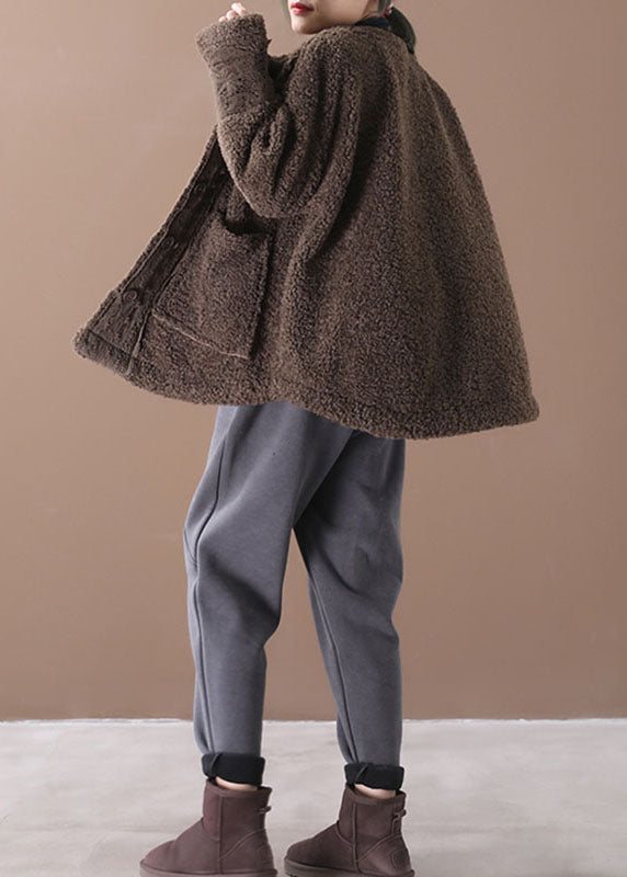 Chocolate O-neck Pockets Fall Winter Thick Coats Long Sleeve