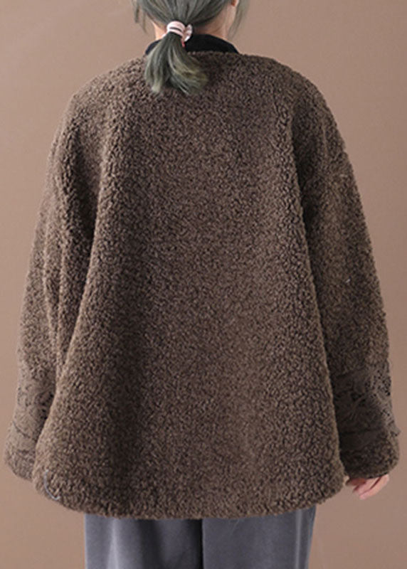 Chocolate O-neck Pockets Fall Winter Thick Coats Long Sleeve