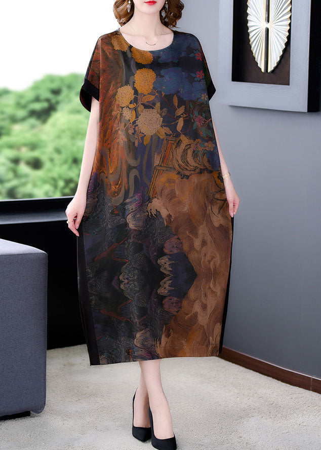 Coffee O Neck Print Side Open Patchwork Silk Dresses Summer