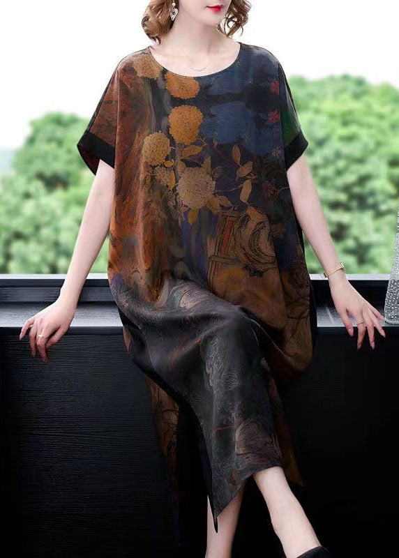 Coffee O Neck Print Side Open Patchwork Silk Dresses Summer
